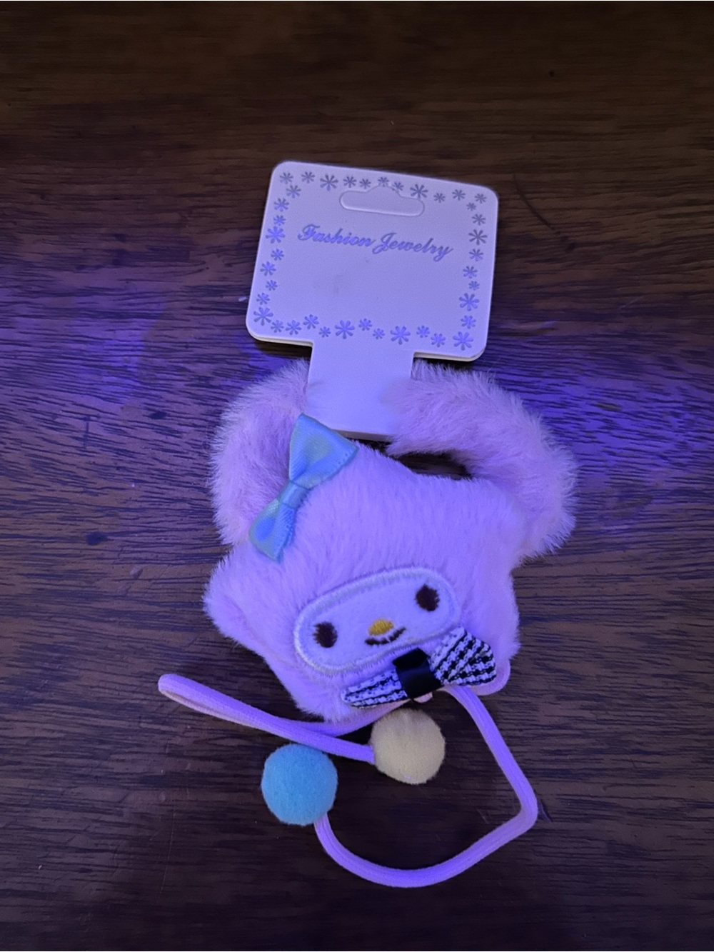 Cute Pink Melody Plush Hair Tie with Blue Bow Accent